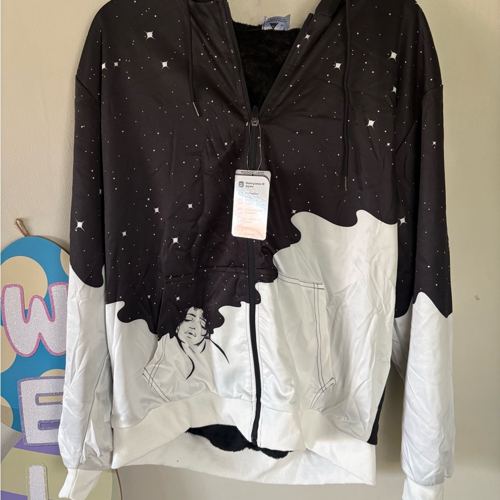 Black and White Mens Graphic Warm Zip-Up Hoodie Jacket Size XL